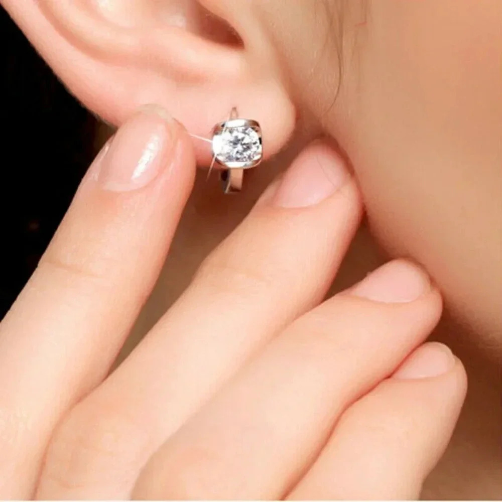 925 Sterling Silver Diamond Huggie Hoop Earrings